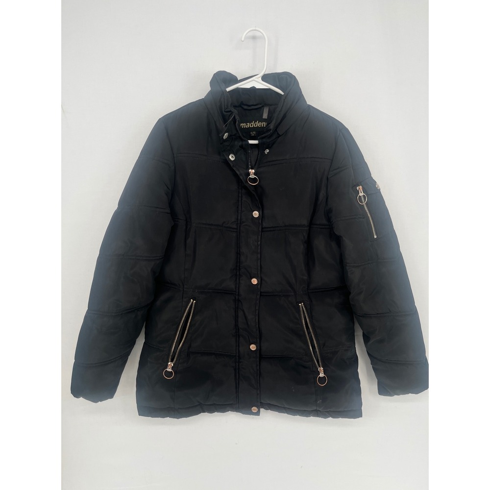 Madden NYC Womens Puffer Jacket Black Quilted Full Zip Rose Gold Hardware XL 16